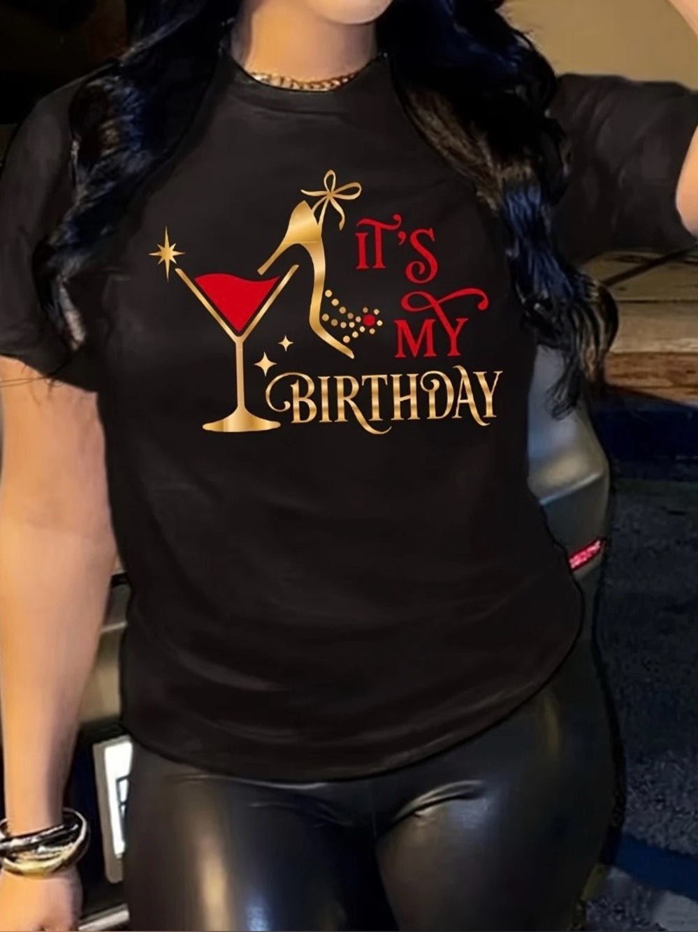 SHEIN Black Tee with Gold & Red Birthday Graphic